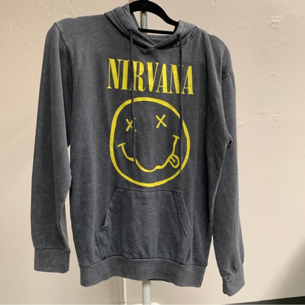 NWOT NIRVANA Hoodie sweatshirt yellow smile face graphic gray cotton Kurt Cobain